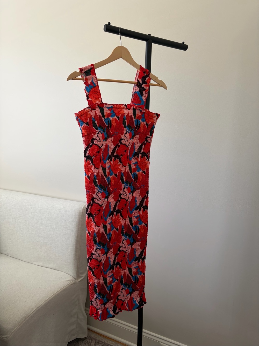 Amazon Red Floral Smocked Midi Dress with Blue & Pink Accents